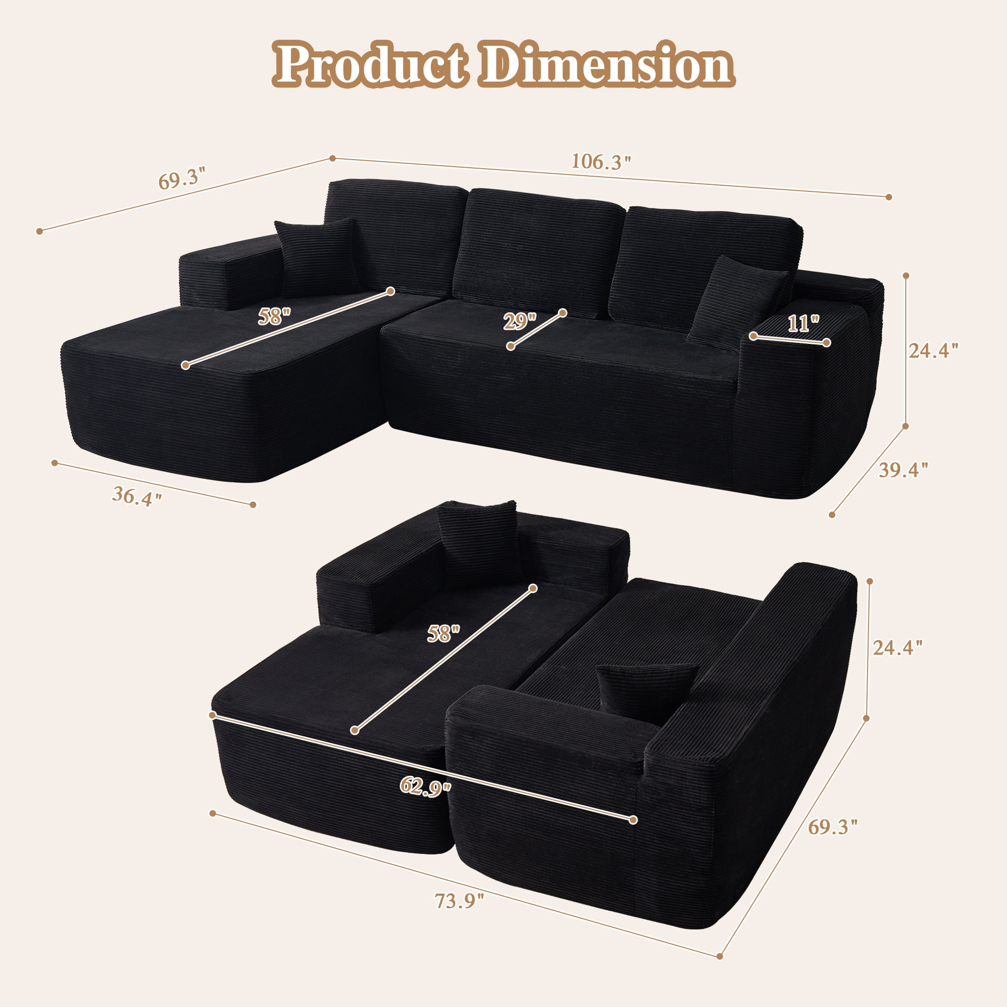Ovios 106" Cloud Sofa Couch No Assembly Boneless Deep Seat Sofa for Living Room, Black (Corduroy)