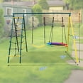 thumbnail image 6 of 5 in 1 Metal Swing Set, Heavy Duty A-Frame Swing Set with 1 Saucer Swing and 1 Belt Swing, Outdoor Playset with Climbing Ladder, Climbing Net and Basketball Hoop, Multicolor, 6 of 9