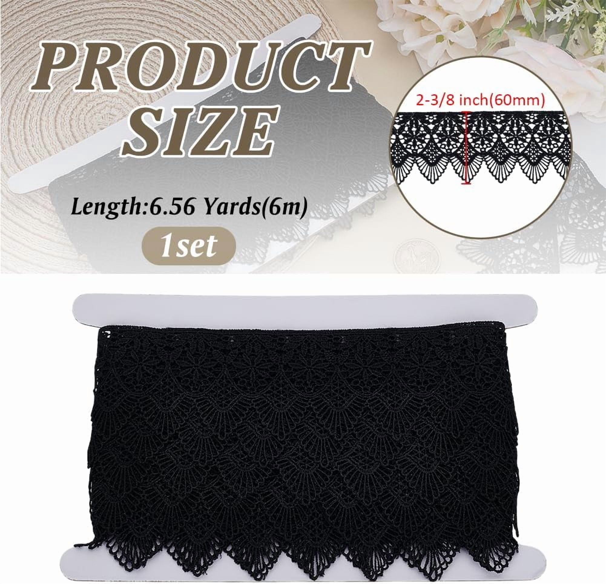 1Pc Polyester Lace Wavy Flower Ribbons for Cloth DIY Making Decor 1Pc Cardboard Display Card Black 2-3/8 inch(60mm) about 6.56 Yards(6m)/Set