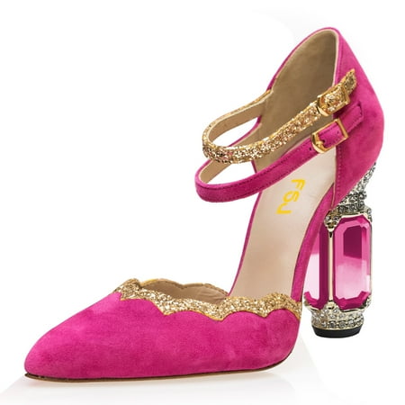 FSJ Women Sexy Crystal Sturdy Block High Heels Pumps Pointed Closed Toe Ankle Strap Adjustable Double Buckle Strap D Orsay Sandals Party Wedding Shoes Size 5 Pink