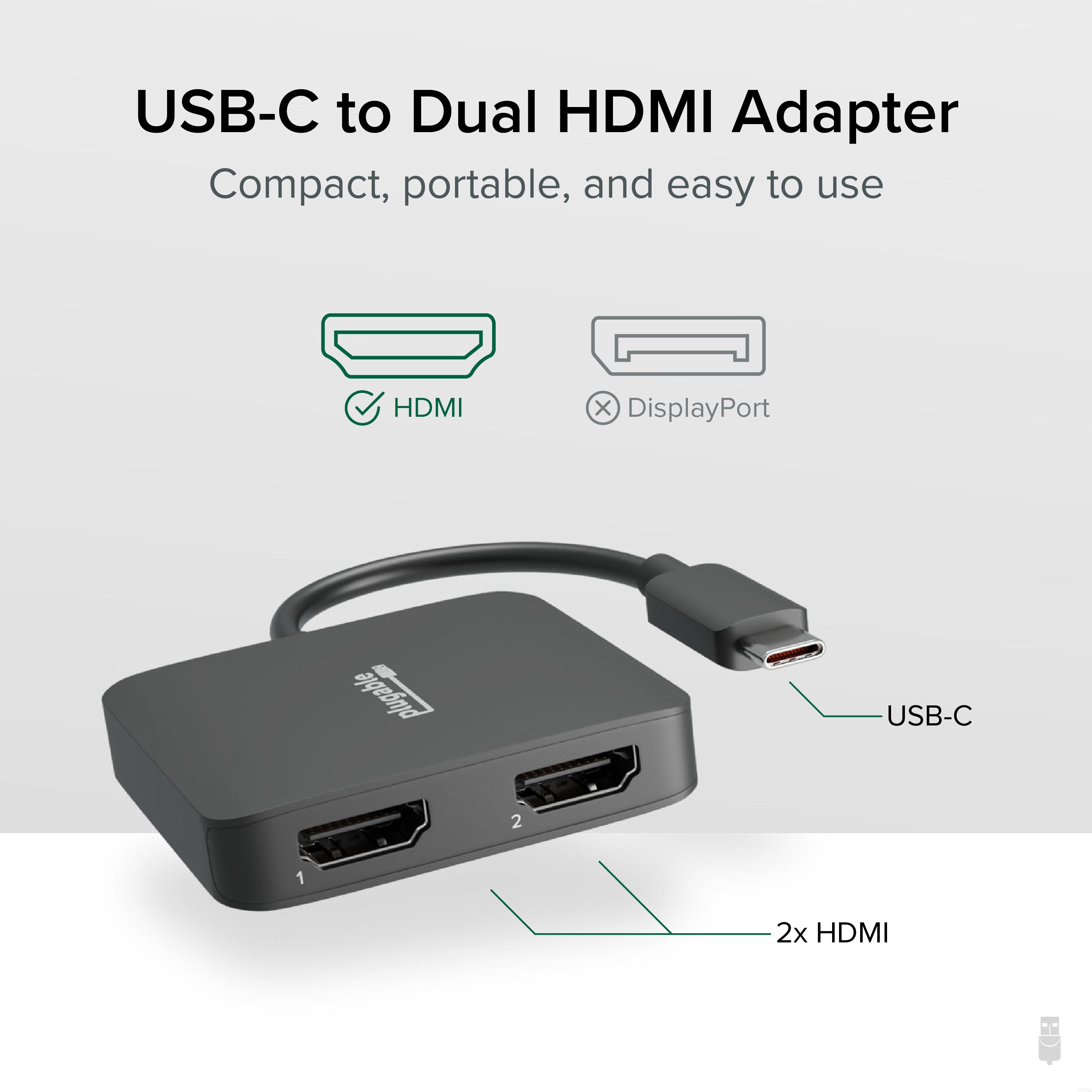 Plugable USB C to Dual HDMI Adapter, 4K HDMI Ports, for Windows and Chromebook, Driverless - image 2 of 9