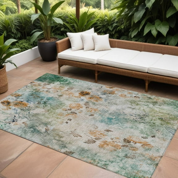 8' X 10' Teal Blue And Green Floral Washable Indoor Outdoor Area Rug