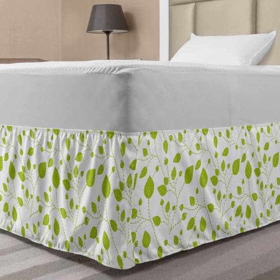 Floral Bed Skirt, Flourishing Leaves on Branches Pattern Botanical Nature Themed Spring Feels, Elastic Bedskirt Dust Ruffle Wrap Around for Bedding Decor, 4 Sizes, Lime Green White, by Ambesonne