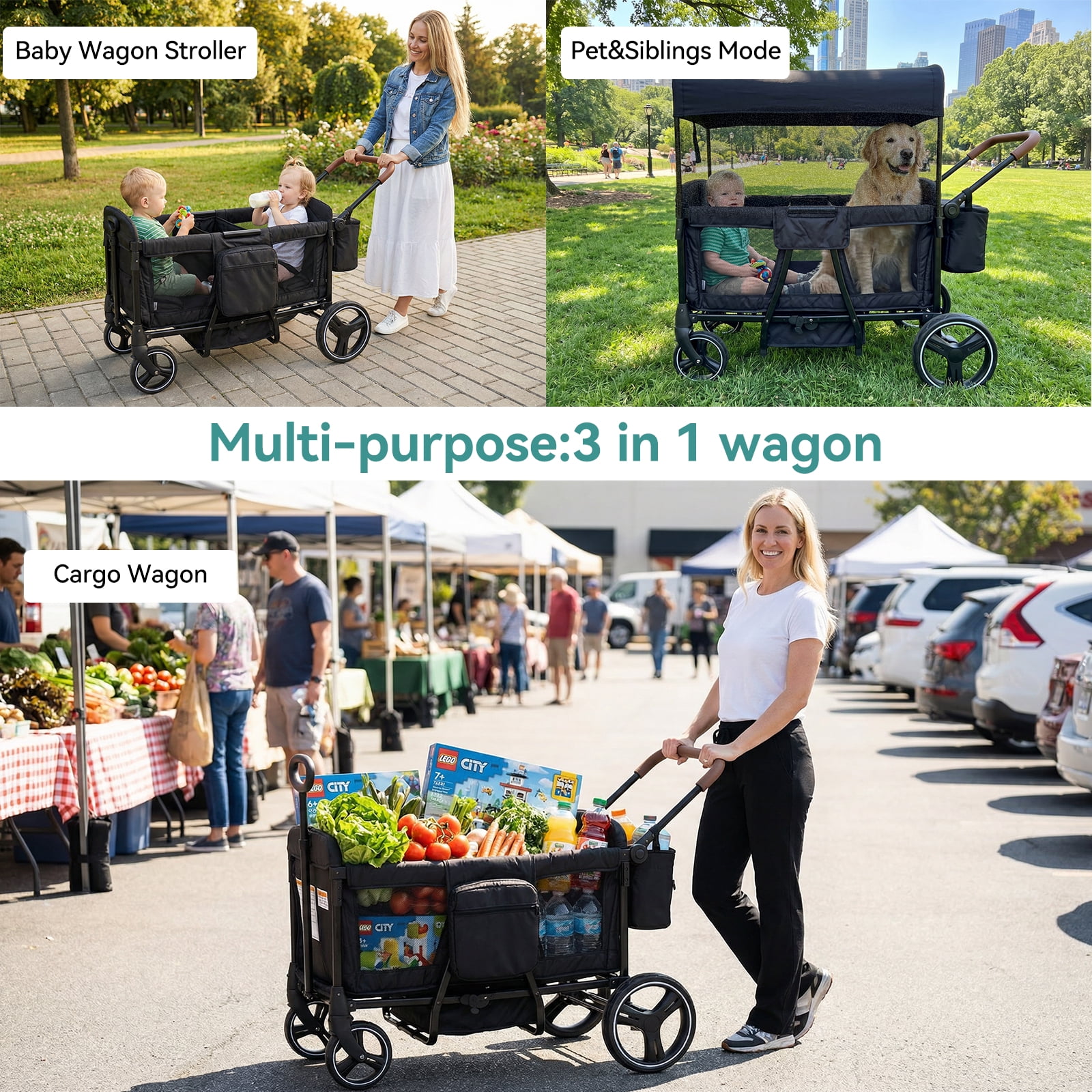 Folding Push Pull Wagon Stroller for 2 Kids – Adjustable Canopy UPF 50+ and Mosquito Net, 5-Point Harness, All-Terrain Wheels, Large Storage with Snack Tray, Ideal for Baby Toddler Park Beach Travel