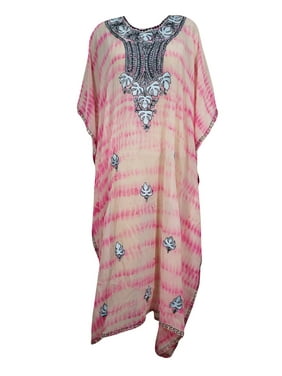 Mogul Women Embellished Kaftan Pink Dye Tie Resort Wear Fall Fashion Cover Up Caftan Dress
