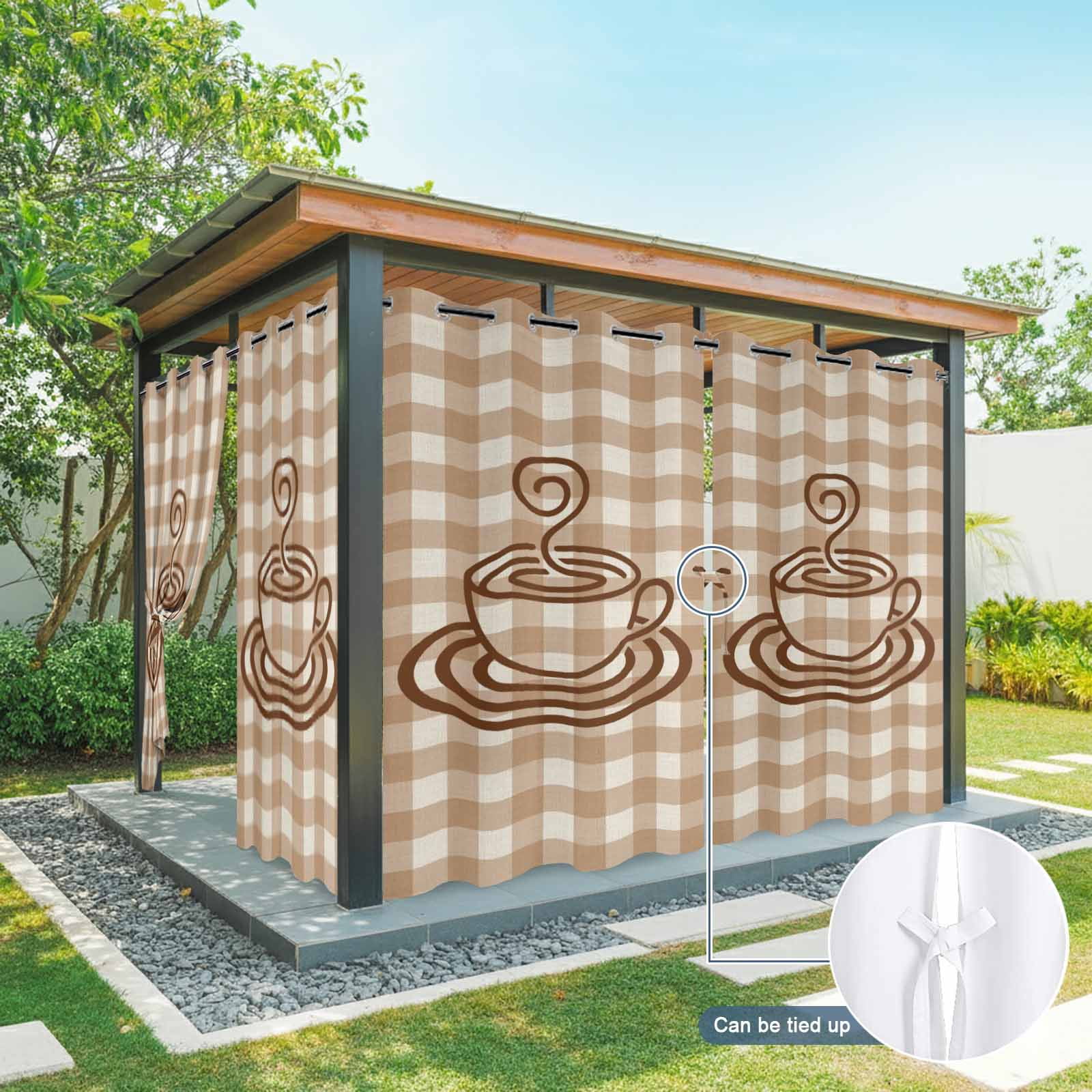 Coffee Cup Outdoor Curtains for Patio, Retro Country Brown Lines Cup Brown Plaid Sunshade Privacy Drapes Grommet Waterproof Outside Curtains for Porch/Cabana/Balcony 54"x 108", 1 Panel