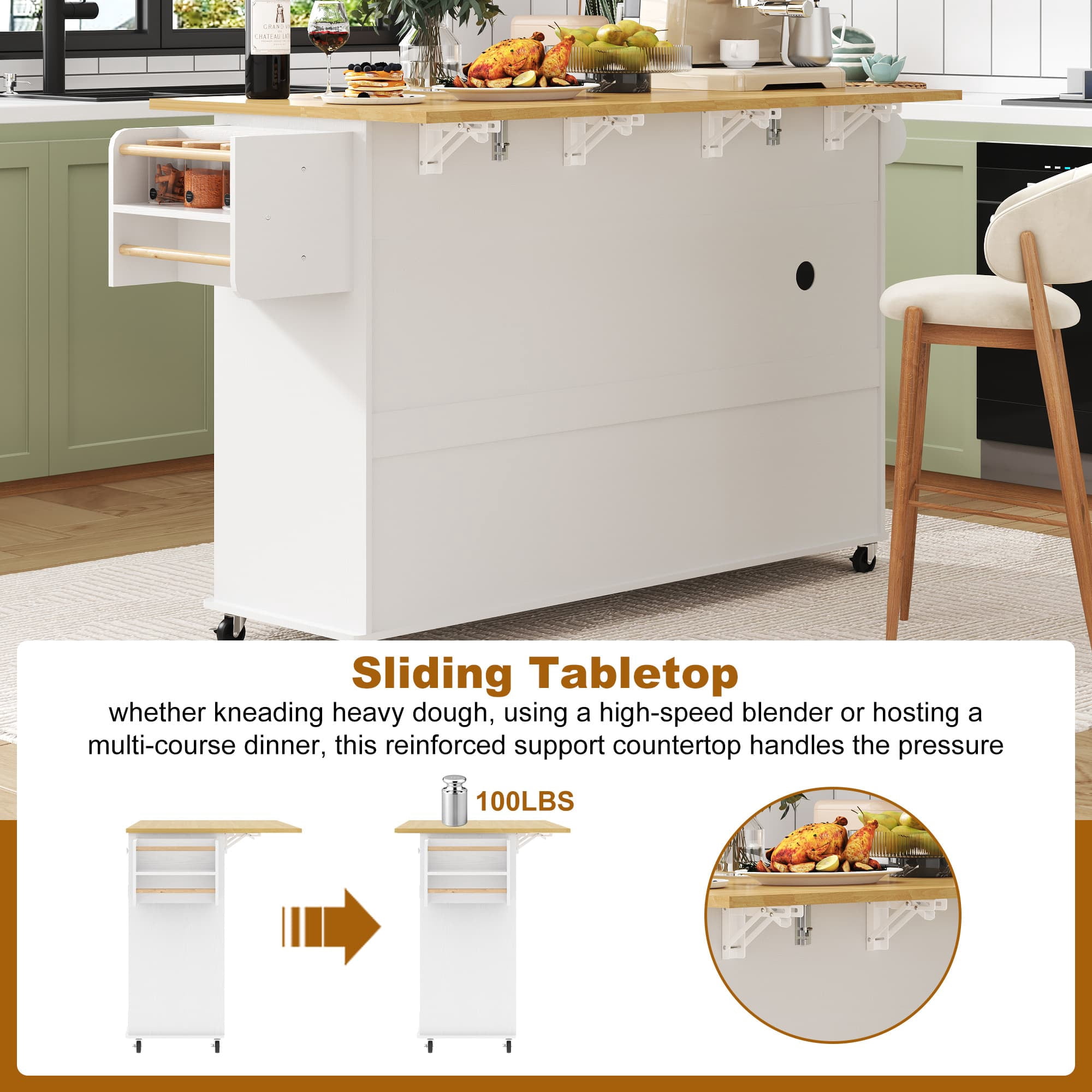 ANPOO Rolling Large Kitchen Island Cart with Sliding Drop Leaf, Trash Can Storage & Power Outlet, 7 Spice Racks, 63" White