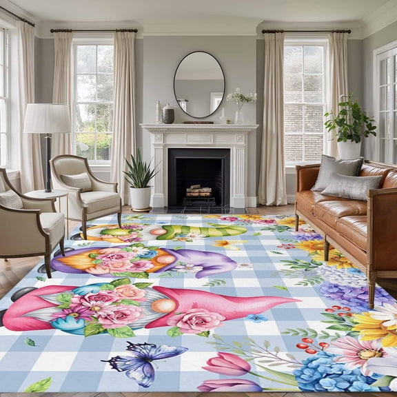 Spring Floral Gnomes Area Rugs 5'x7', Small Throw Rugs for Laundry Room Playroom, Watercolor Flowers Butterflies Blue Plaid Indoor Outdoor Rug Non-Slip Low Pile Carpet Runner Reversible Floor Mats