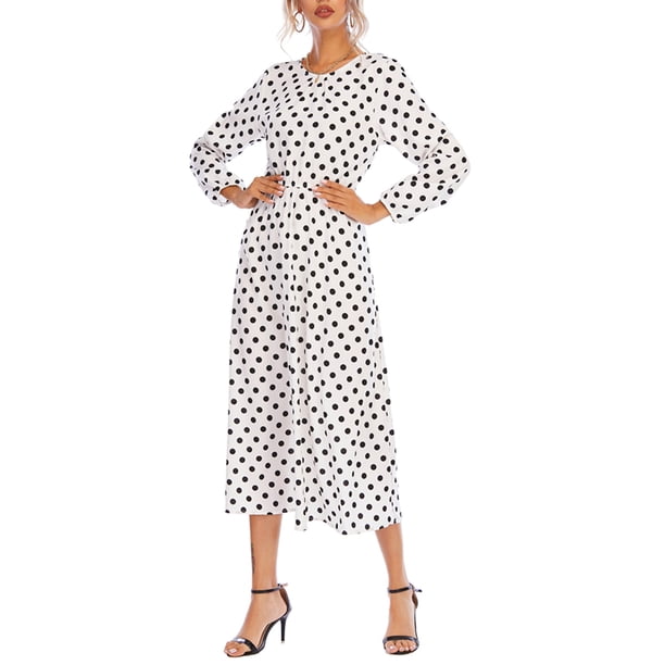 VISgogo Vestido casual de primavera para mujer, vestido midi de ajuste regular con cuello redondo y manga larga con estampado de lunares VISgogo moda