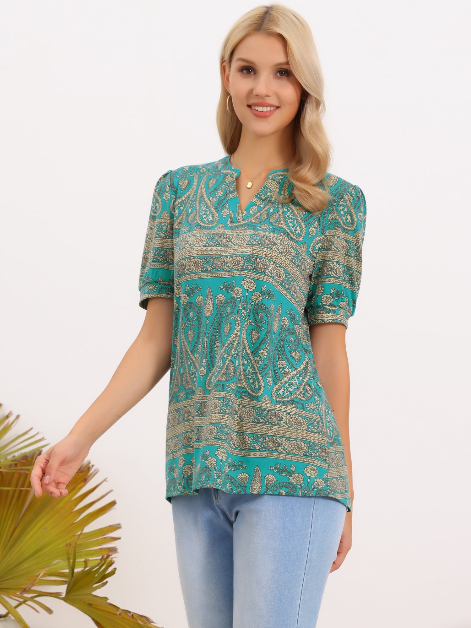 DARING DIVA Women's Boho Short Sleeve Floral Blouse Casual V Neck Shirts S Blue