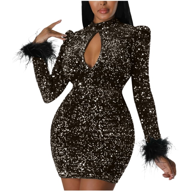 AherBiu Robe à Paillettes pour Femmes Soirée de Nuit Manches Longues Dos Nu Encolure Goutte Scintillante Ajustée Mini Robes
