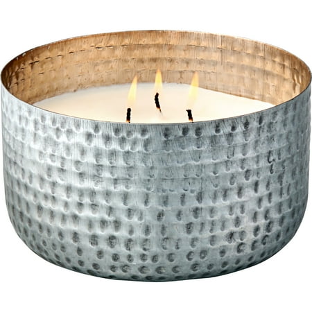 Better Homes & Gardens Silver Hammered Metal Bowl 3-Wick Candle, Soft Cashmere Amber