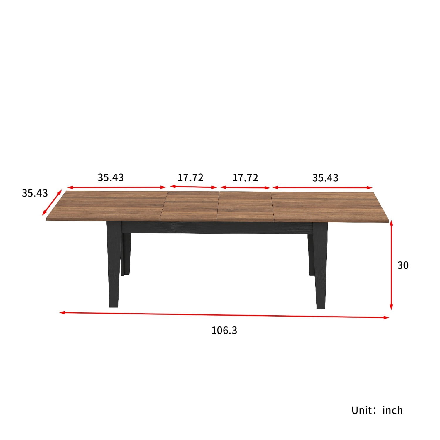 106.3" Extendable Dining Table, Large Woodgrain Kitchen Table with Expandable Design, Modern Rectangular Dining Room Table for Family Meals, Office, Study & Gathering Spaces, Walnut&black
