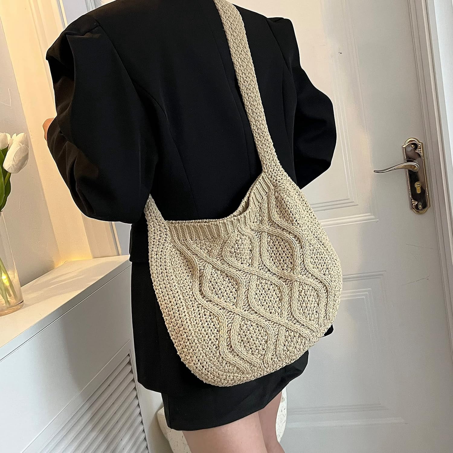 Women's Crochet Tote Bag Knitted Aesthetic Shopping Bag Cute Purses Crocheted Hobo Bag