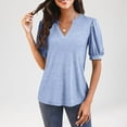 thumbnail image 2 of AherBiu Tops for Women Summer Casual Lantern Short Sleeve Notch V Neck Comfy Shirts Blouse Solid Color, 2 of 3