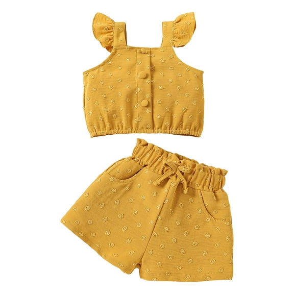 XZNPDUCQ Toddler Girls Summer Outfit Short Sleeve T-Shirt Tops Elastic Waist Shorts Set Cartoon Print 2PCS Set For 6 12 18 24 Months 2T 3T 4T 5T Dailywear Yellow，12-18 Months