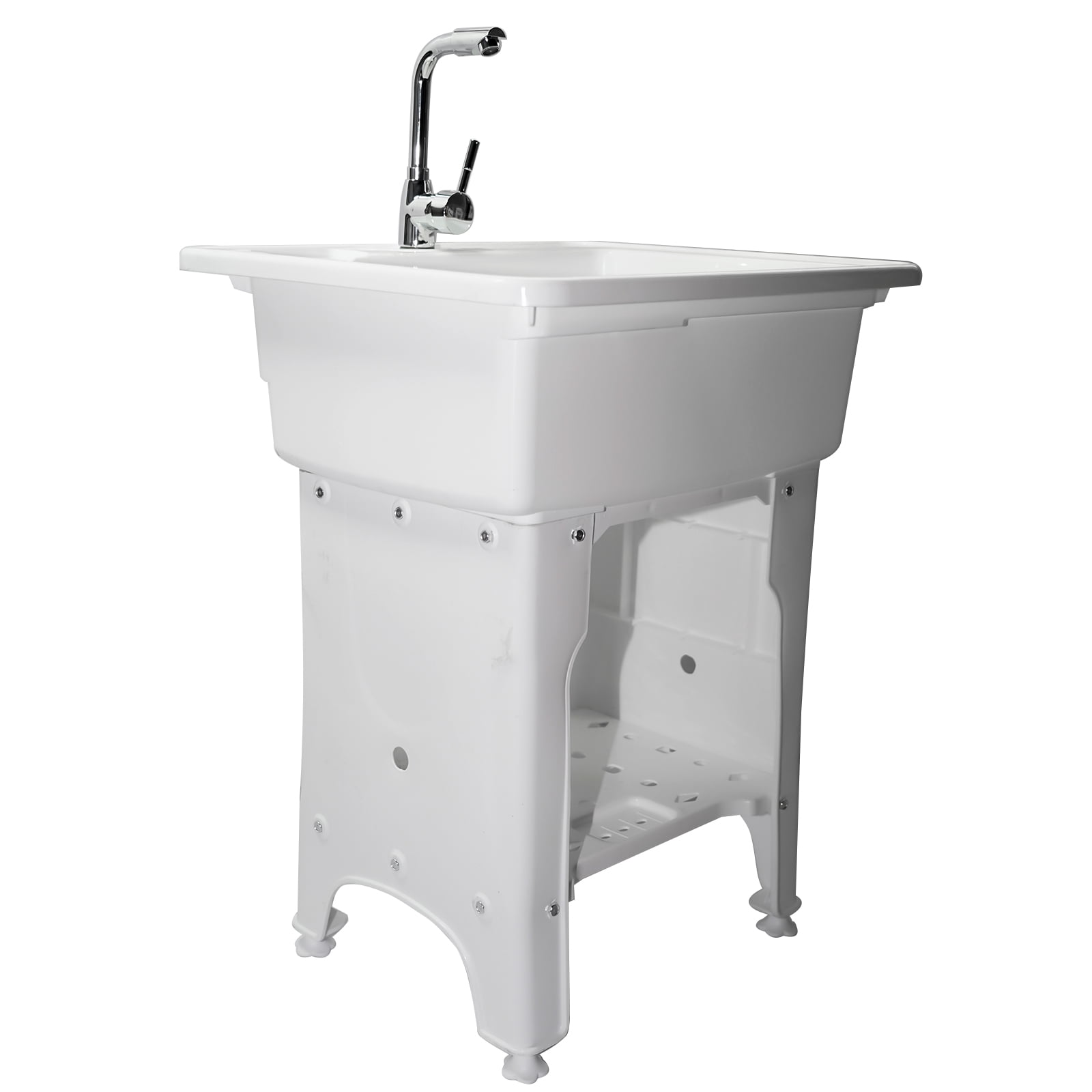 Freestanding Plastic Utility Sink Laundry Tub outdoor sink Drop in Deep sink kit with Inlet and Drain Pipe with Hot&Cold Faucet,Basement for Laundry Room&Garage or Shop,Size:25.59*21.65*31.5in(white)