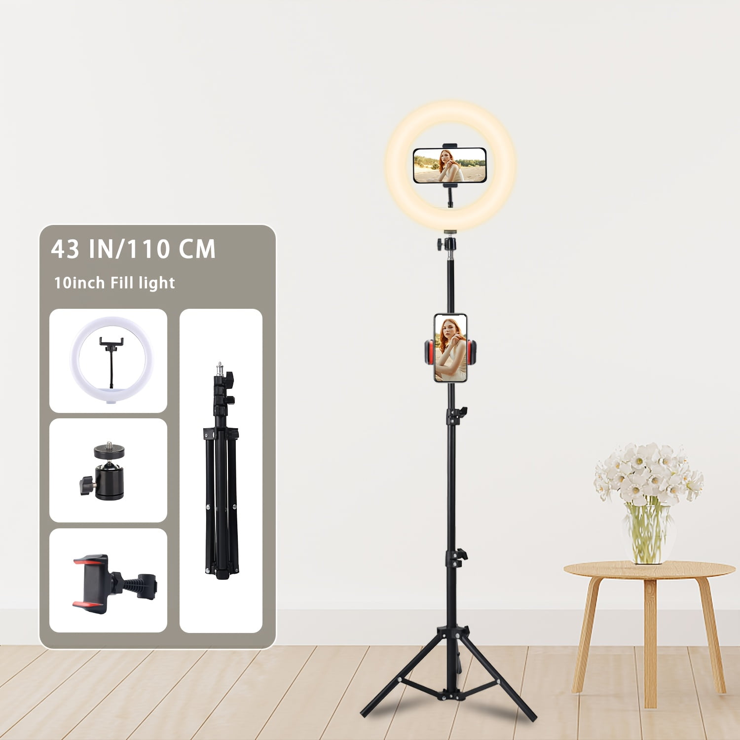 10/12'' Circular Selfie Ring Light, Desk Tripod And Phone Stand, Adjustable Height Ranging from 15 to 43 Inches, Dimmable LED Circular Light for Selfie Photography, Makeup, And Youtube