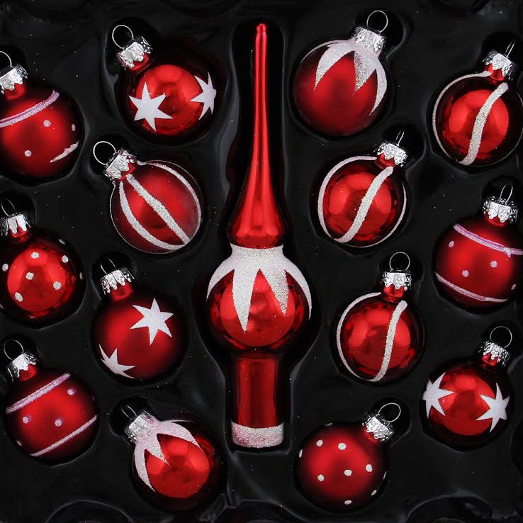15Piece Red and White Mini Glass Ball and Finial Tree Topper Christmas