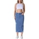 thumbnail image 2 of Falda de mezclilla midi ajustada para mujer, de tiro alto, con rotos y dobladillo sin terminar, estilo casual, color azul claro, 2 of 6
