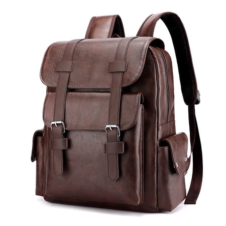 Business Men and Women PU Leather Backpack 15.6inch Laptop Waterproof Backpack Travel Commuter Lightweight schoolbag Large Hiking Back Pack-Brown