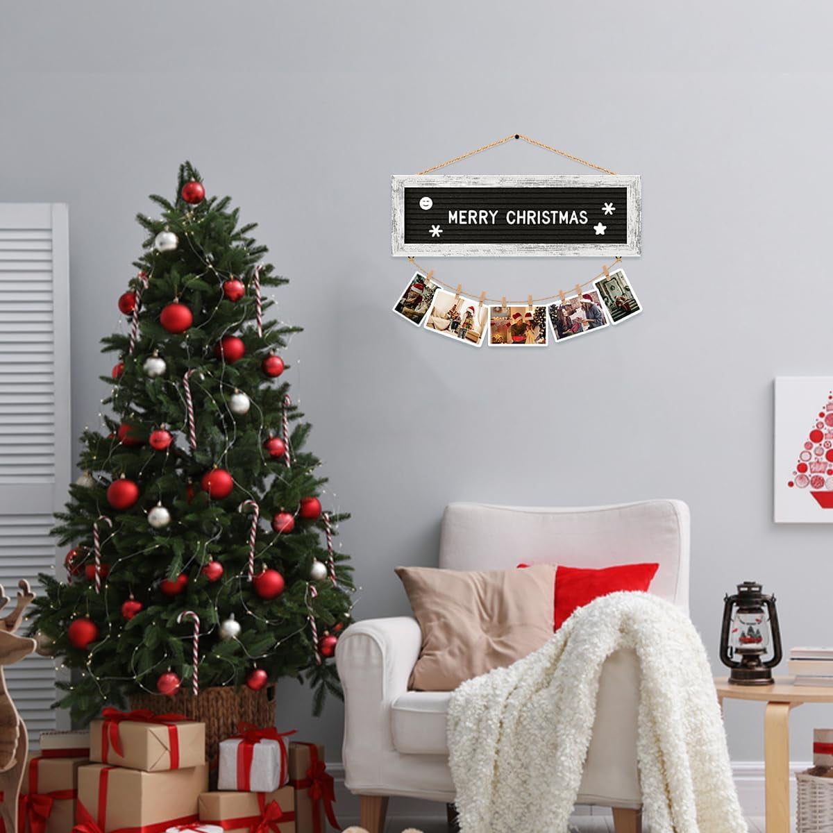 Hanging Photo Display Multiple Polaroid Picture Frames Collage Wall Decor, Felt Letter Board with 340 Letters and 15 Clips, DIY Cards Holder Frame Collage Set for Christmas Holiday Birthday Gi