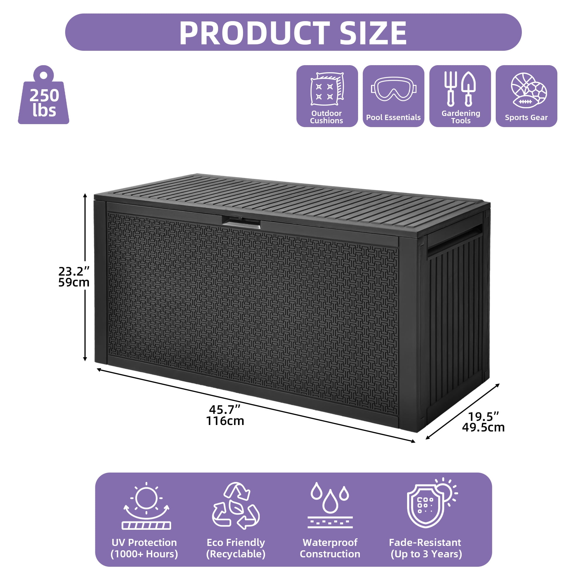 Uforic 90 Gallon Resin Outdoor Deck Box, Waterproof UV Resistant Lockable Storage Box with Handles, Black