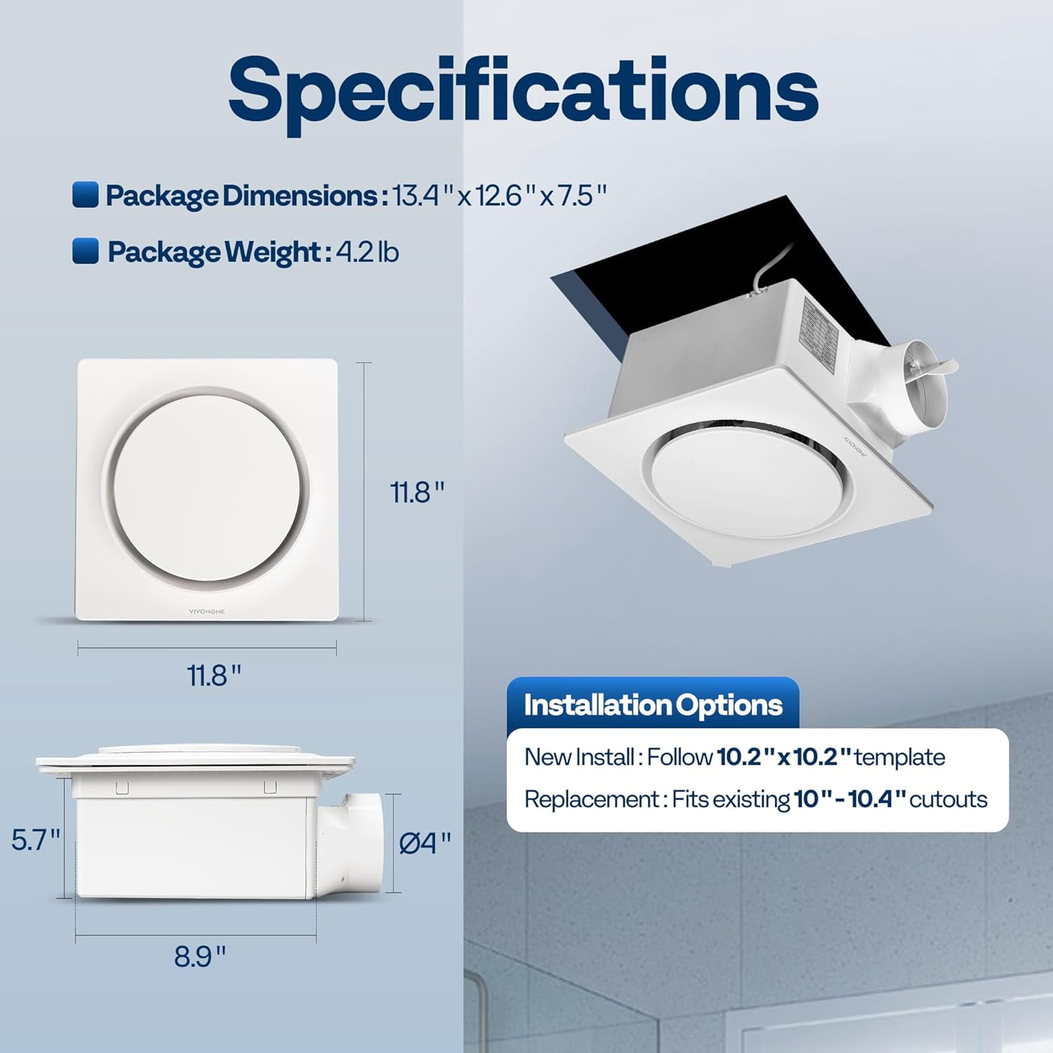 SPECSTAR AutoFlow Bathroom Exhaust Fan with Humidity Sensor 110CFM - Energy-Saving EC Motor,10.2-inch Ceiling Retrofit Bath Fan, No Attic Access Needed(Install Kit, 4-in Duct Included)