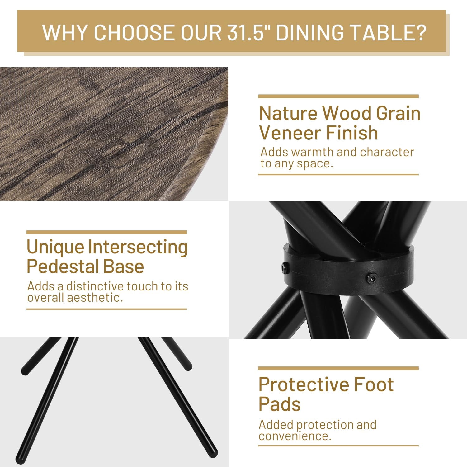 Round Dining Table for 2-4 People, Wood Top Dining Table with Intersecting Pedestal Base & Metal Legs, Multifunctional Table for Kitchen Living Room Home Office