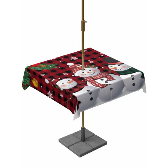 Outdoor Tablecloth with Umbrella Hole and Zipper, Christmas Snowman Square Table Cloth 60x60 Inch Waterproof Tablecloth, Buffalo Plaid Xmas Pine Branch Snowflake Picnic Table Cover for Patio Camping