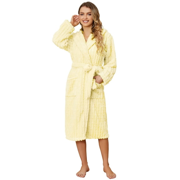 HEARTNICE Fuzzy Robes for Women, Long Plush Hooded Fluffy Warm Bathrobes,(Light Yellow,S-M)