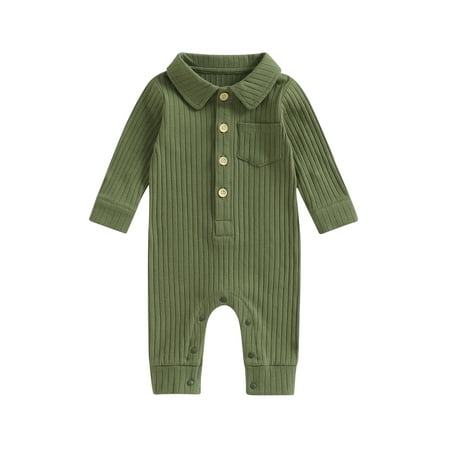 

Qtinghua Newborn Infant Baby Boy Ribbed Romper Solid Color Lapel Long Sleeve Jumpsuit Playsuit with Pocket Clothes Green 6-9 Months
