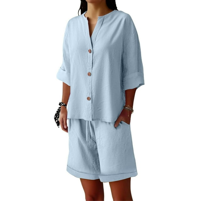 Tumotour 2 Piece Outfits Set For Women Summer Casual Wear Matching Two Piece Shirts And Drawstring Shorts Spring Outfit 2025