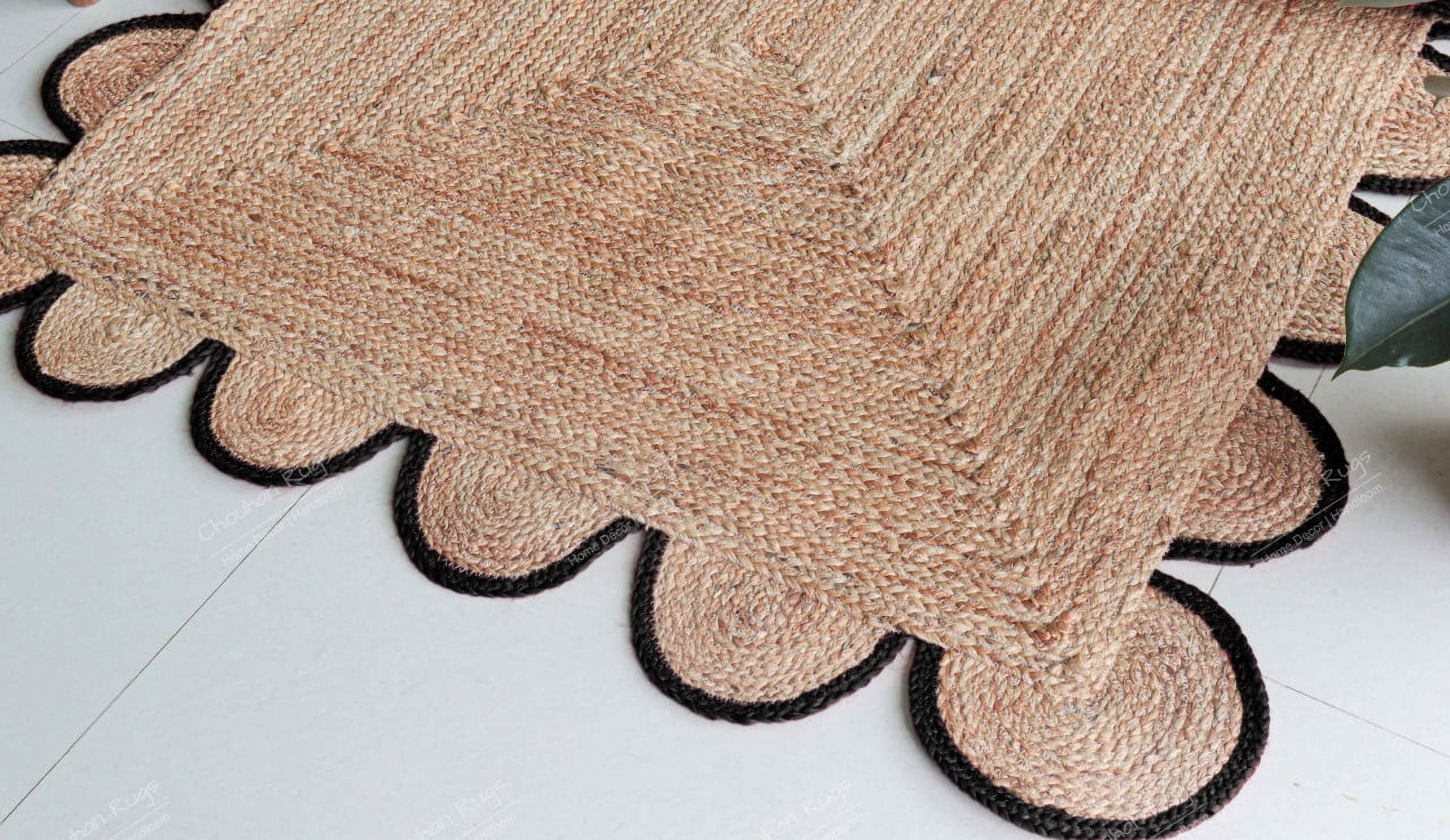 Chouhan Rugs Natural Jute Black Scalloped Rug Bohemian Rug Decor Rug Handwoven Rug Custom Rug Decorative Rug
