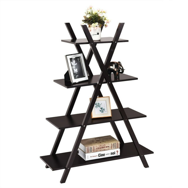 Costway Étagères de Rangement à 4 Niveaux Échelle de Bibliothèque en Forme de X Brun