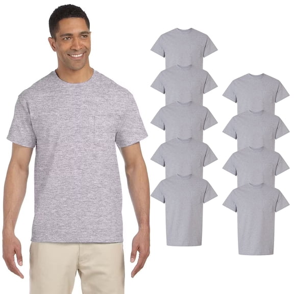 Gildan Ultra Cotton Pocket T-Shirt for Men, Men's Short Sleeve Tee, Left Chest Pocket, 6 Oz. Sport Grey, Pack 9, S