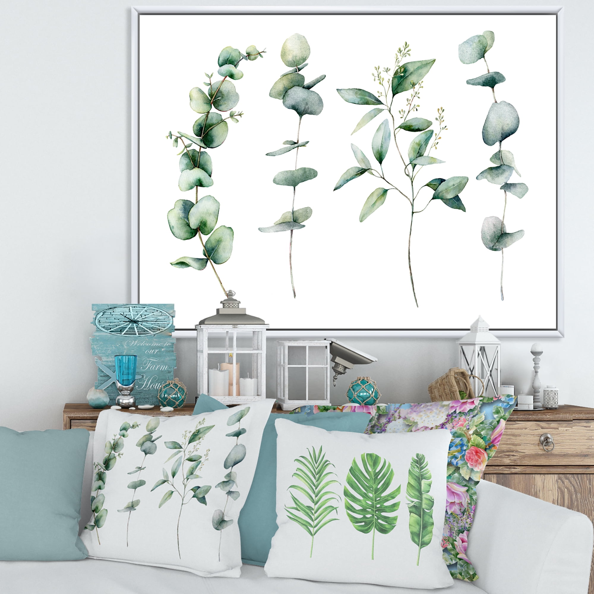Green Eucalyptus Plant Branches I 40 in x 30 in Framed Painting Canvas Art Print, by Designart