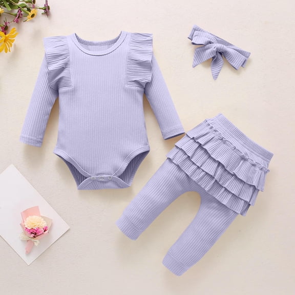 ITSAME Infant Girls Outfit 3-Piece, with Headband Crewneck Ruffled Top and Long Pants Comfortable Trendy Casual Set Purple 0-3M