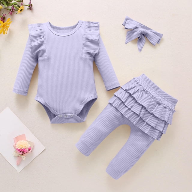 Conjuntos de blusas y camisas de cuello redondo y manga larga para niña, mono de cuello redondo y manga larga con vuelo de color liso con cintura elástica, pantalones estampados y diadema, conjunto de