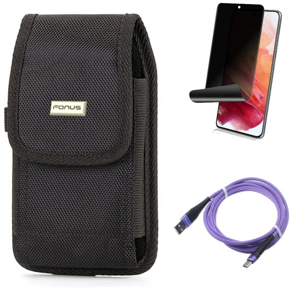 Case Belt Clip w Privacy Screen Protector w 10ft USB Cable for Samsung Galaxy S21 Plus - Rugged Holster, TPU Film Fingerprint Works, Purple Type-C Accessory Bundle