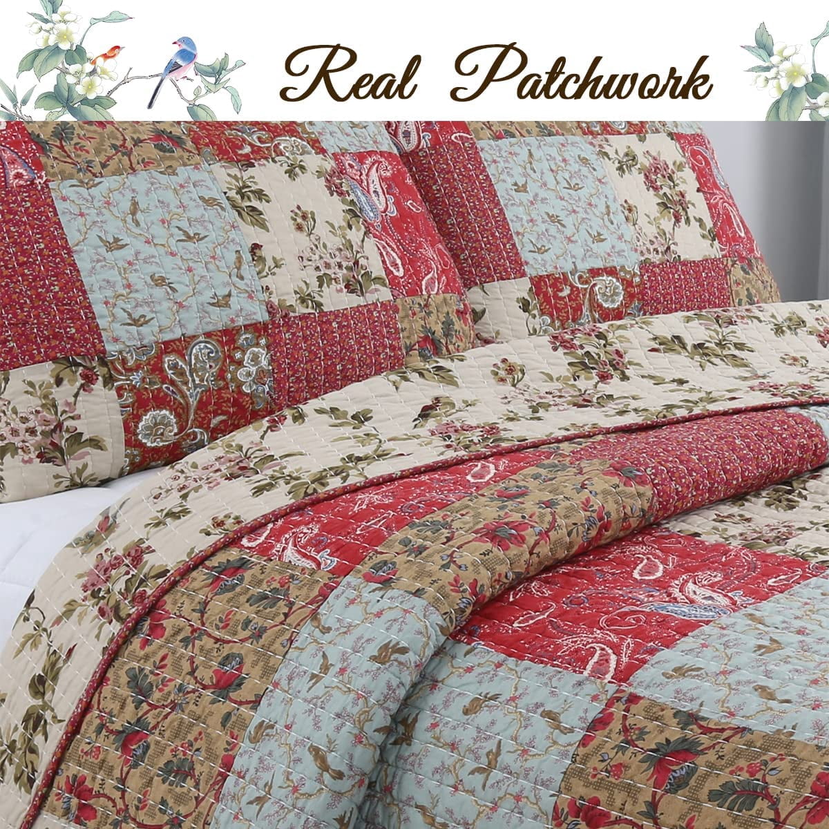 Cozy Line Rosemond Floral Patchwork 100% Cotton 3-Piece Quilt Bedding Set, Queen Set