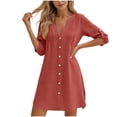 thumbnail image 2 of Women Beach Cover Ups V Neck Button Down Coverup Swimwear Bathing Suit Cover Up Casual Pleated Long Sleeved Spring Summer Solid Color Dress, 2 of 5