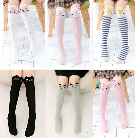 TELOLY 6 Pairs Girls Knee High Socks Toddler Kids Cartoon Animal Cat Bear Over Calf Knee High Socks Long Boot Socks Stockings, 6 Colors, One Size fit for 3-12 Years