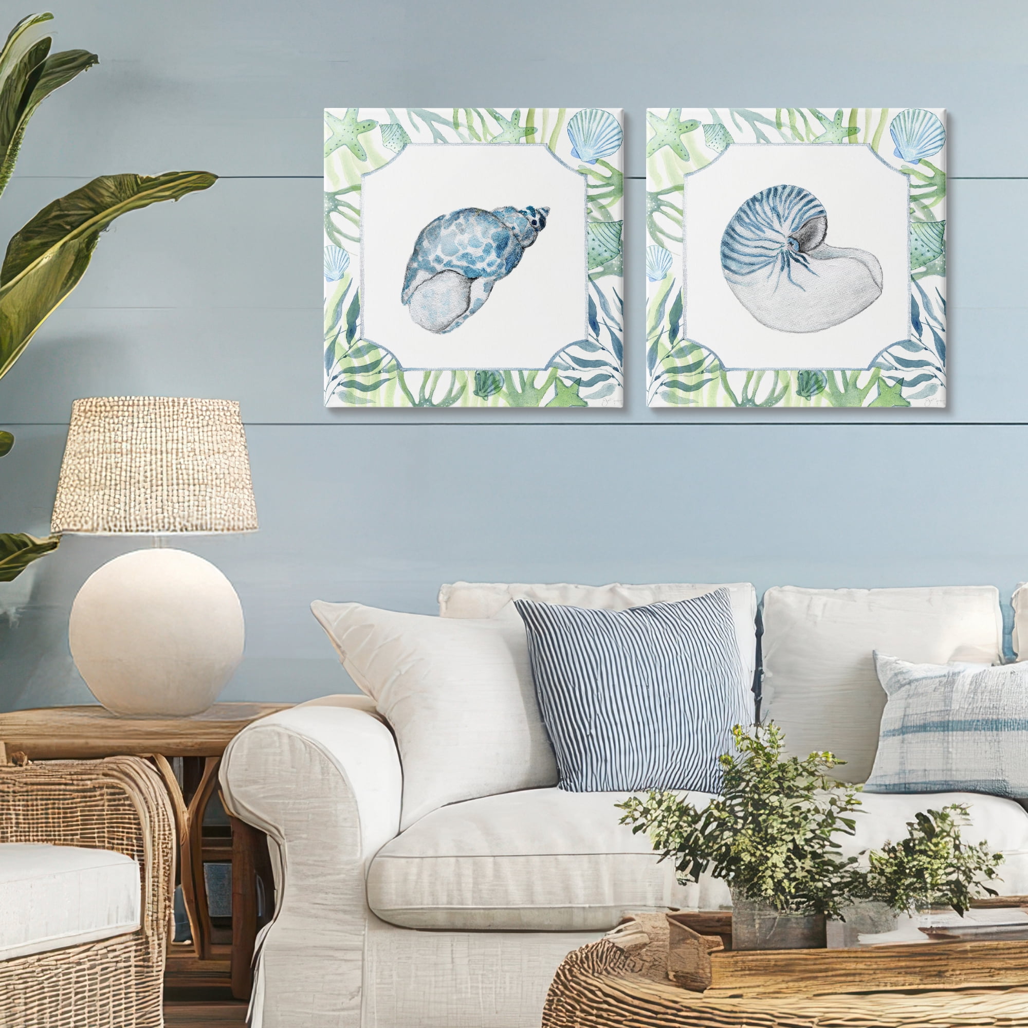 Stupell Industries Seaweed Bordered Seashells 2 Piece Canvas Wall Art Set, design by Janet Tava