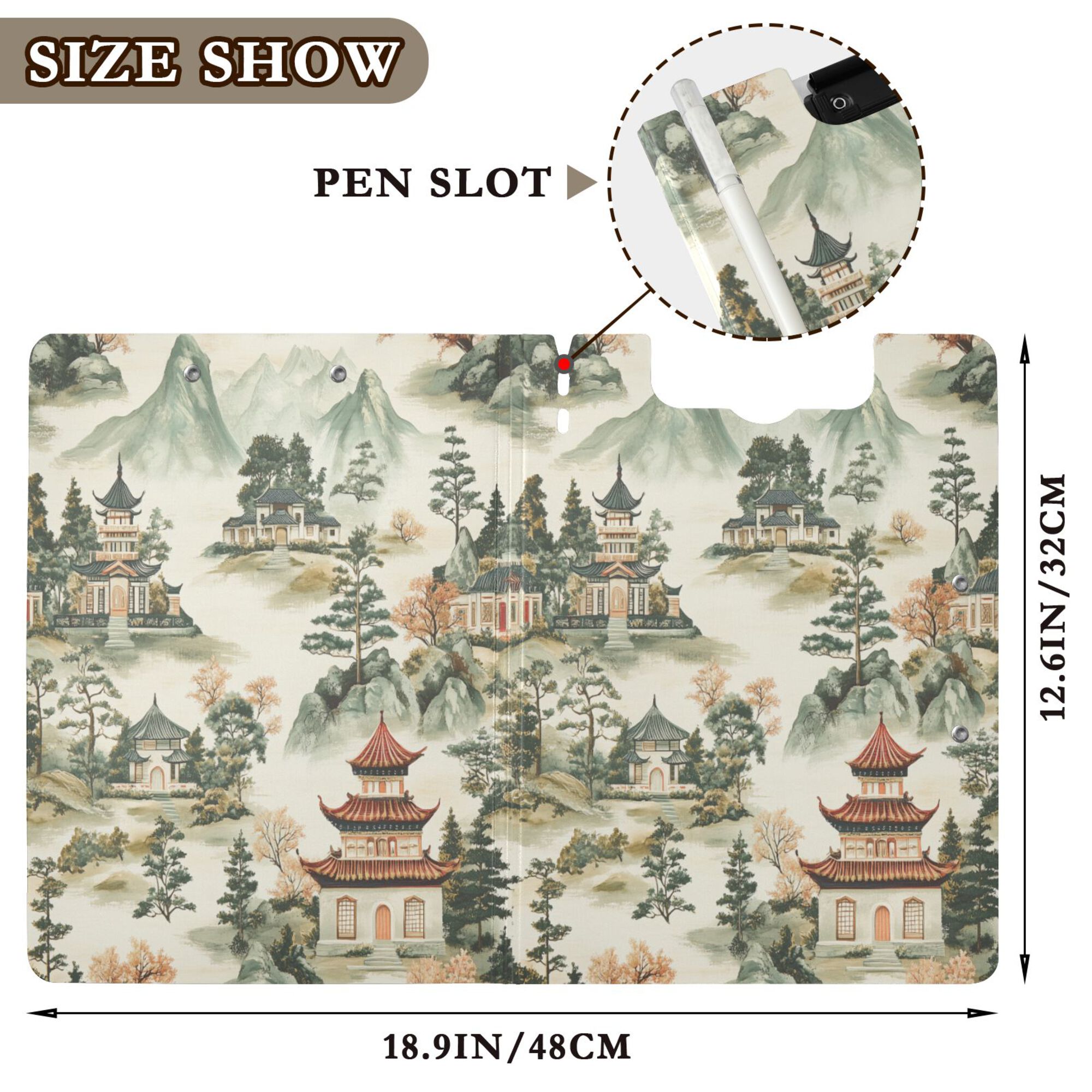 FORMRS A4 Clipboard Folder with Pen Holder Horizontal Foldable School Office Binder, Green Mountain Pattern