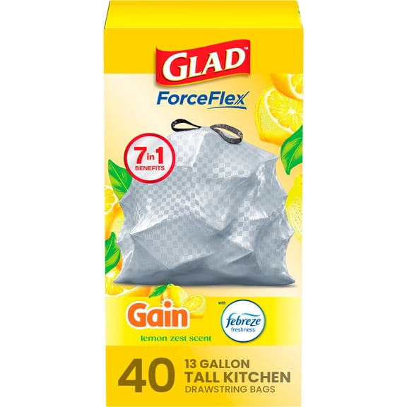 Glad ForceFlex Tall Kitchen Drawstring Trash Bags, 13 Gal, Gain Lemon Zest, 40 Count