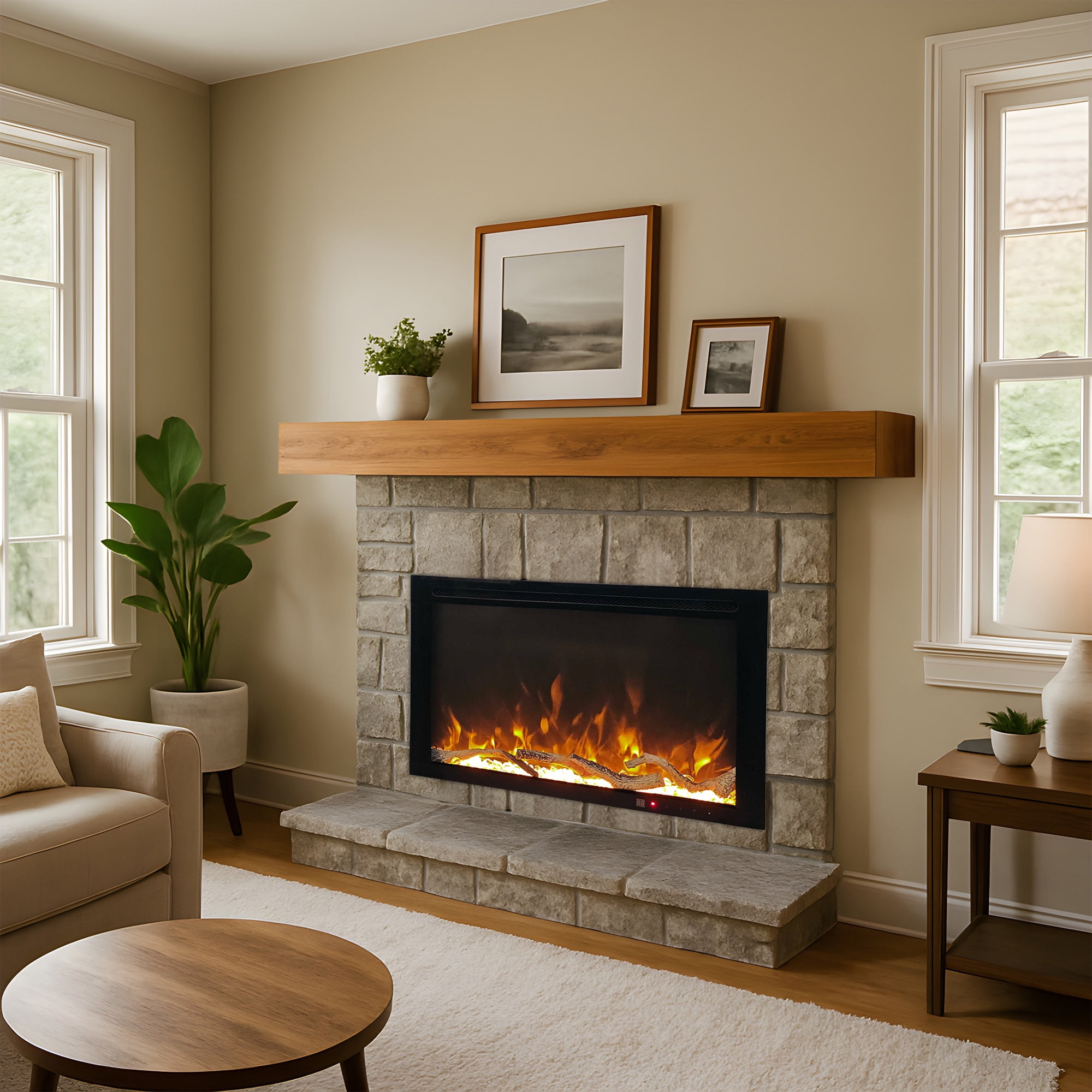 Tablette de foyer de 60 po en bois d'acacia fini lustré