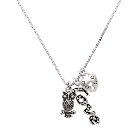 Delight Jewelry Silvertone Antiqued Owl with Clear Crystal Eyes - Love and Lock Charm Necklace, 18" 1"
