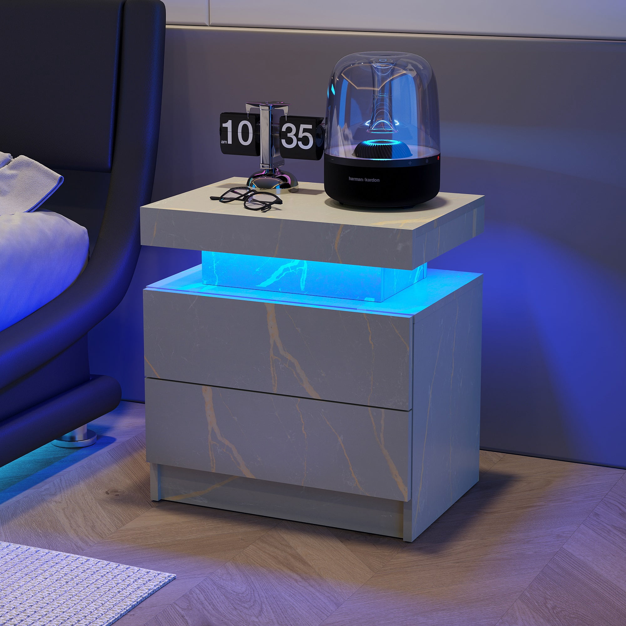 Nightstand LED Bedside Table Cabinet Lights Modern End Side with 2 Drawers for Bedroom