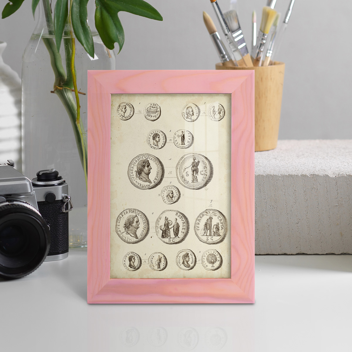 Antique Roman Coins III -Framed Print w/glass-Sunset Pink